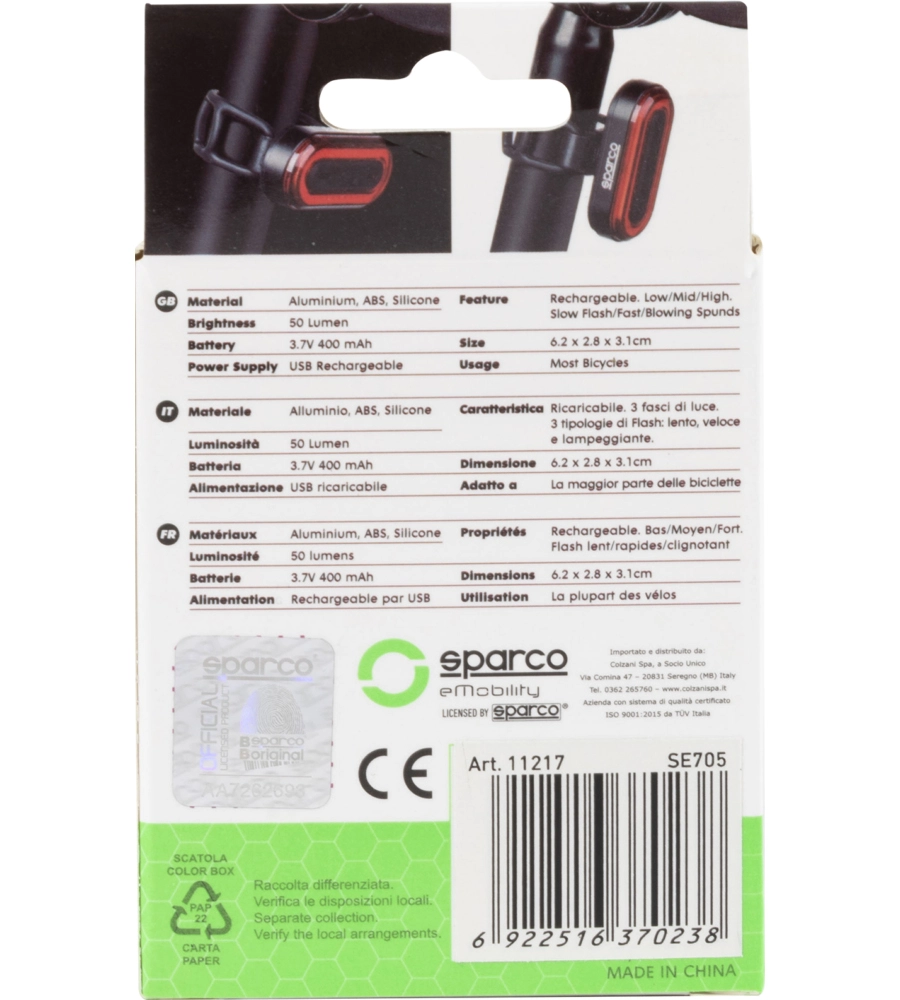 FANALINO POSTERIORE PER BICICLETTA SPARCO IN ALLUMINIO E SILICONE, 3 MODALITA' DI ILLUMINAZIONE